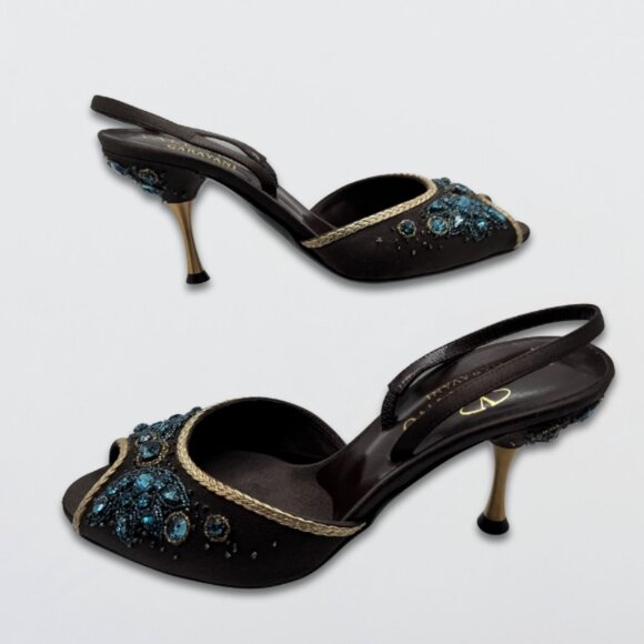 Valentino Garavani Jeweled Heels Crystal Embellishments Peep Toe Black EU 36.5 - Picture 2 of 16